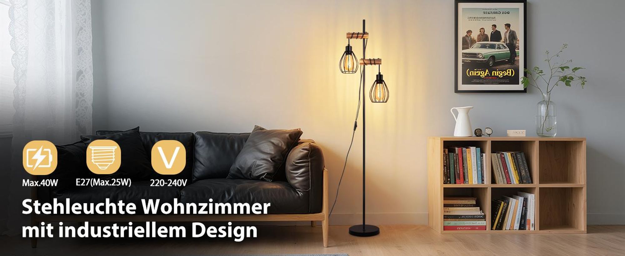 ZMH Lampy podłogowe czarne metalowe drewniana salon vintage 2 płomienie w stylu industrialnym z przełącznikiem E27 gniazdo 152cm retro