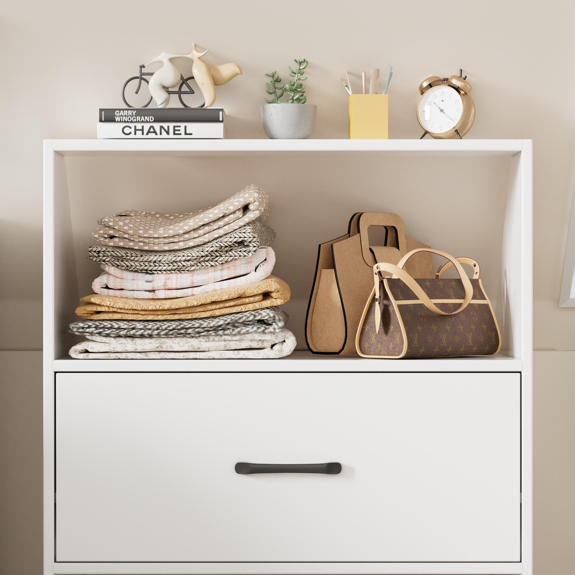TWSOUL Regal Dachschrägenregal,Dachschrägenschrank mit 2 Schubladen & offenem Fach Weiß – Platzsparender Schrägschrank für Dachzimmer