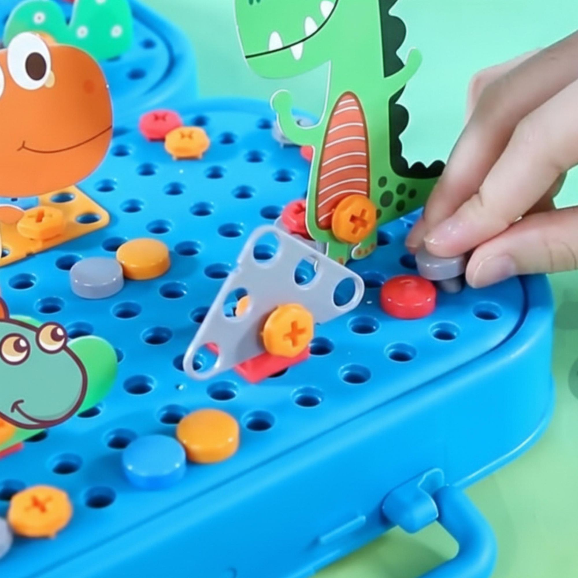 Dinosaurier Konstruktionsspielzeug 228 Teile, Montessori Werkzeugkasten mit Elektroschrauber, 3D Mosaik Steckspiel ab 3 Jahren, EVI TOYS