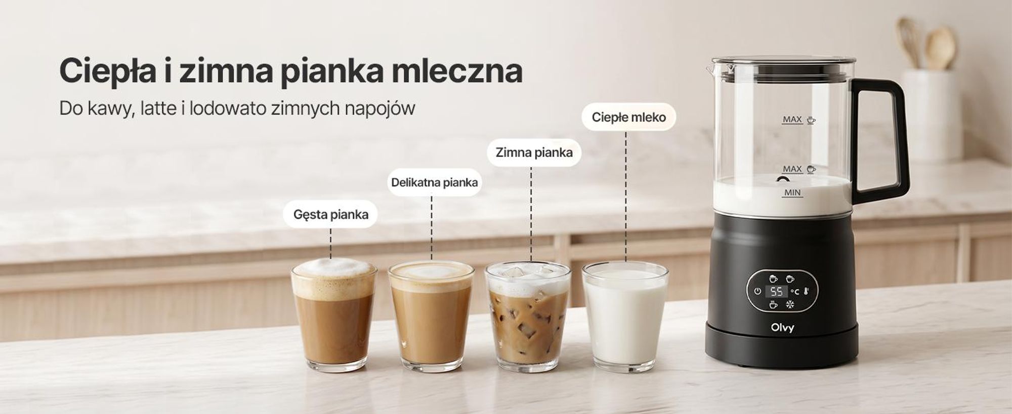 Olvy Electric Milk Frother ze Szkła 4 w 1, 500 W, Wyświetlacz Temperatury, Spienia 160 ml, Podgrzewa 400 ml, Ciepła i Zimna Pianka, Czarny