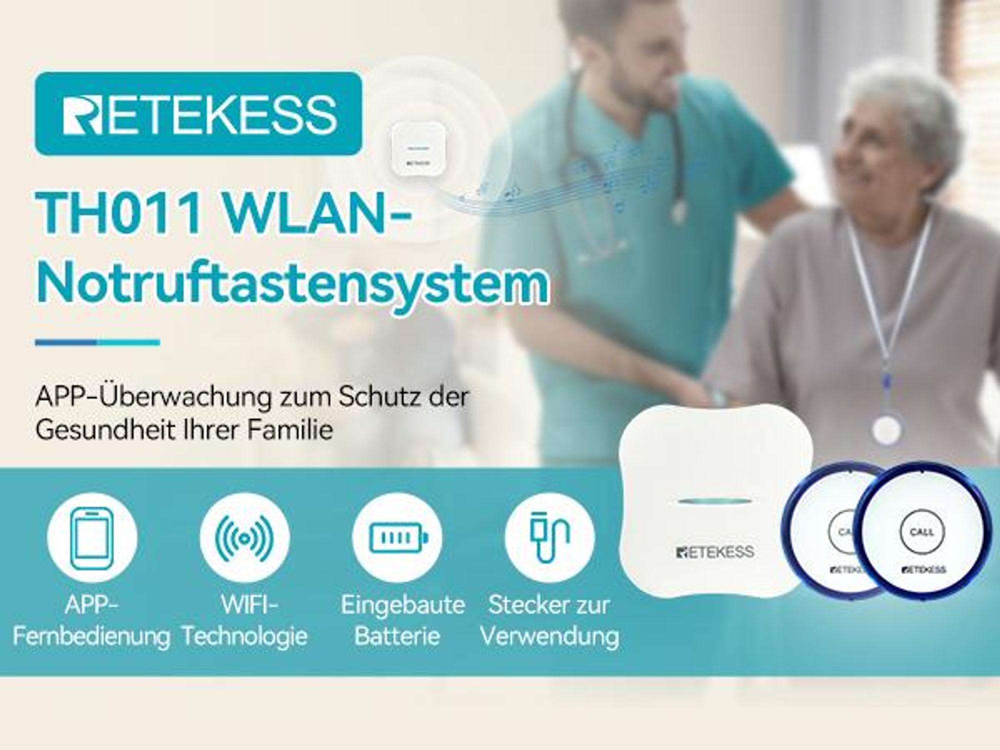 Retekess TH011-TH013 WiFi Notrufknopf für Senioren Auf Handy, Alarmknopf für Senioren, Wiederaufladbarer Akku, für ältere Patienten