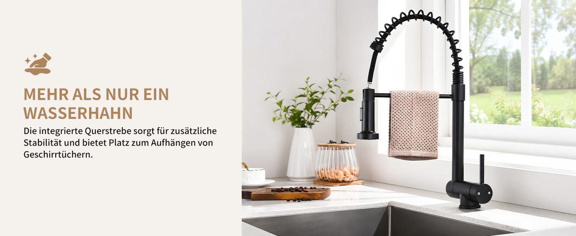 Homelody Vorfenster Küchenarmatur Klappbar, 90° Faltbar 360° Drehbare Hochdruck Edelstahl Wasserhahn Küche mit Brause Ausziehbar 2 Strahlarten Schwarz