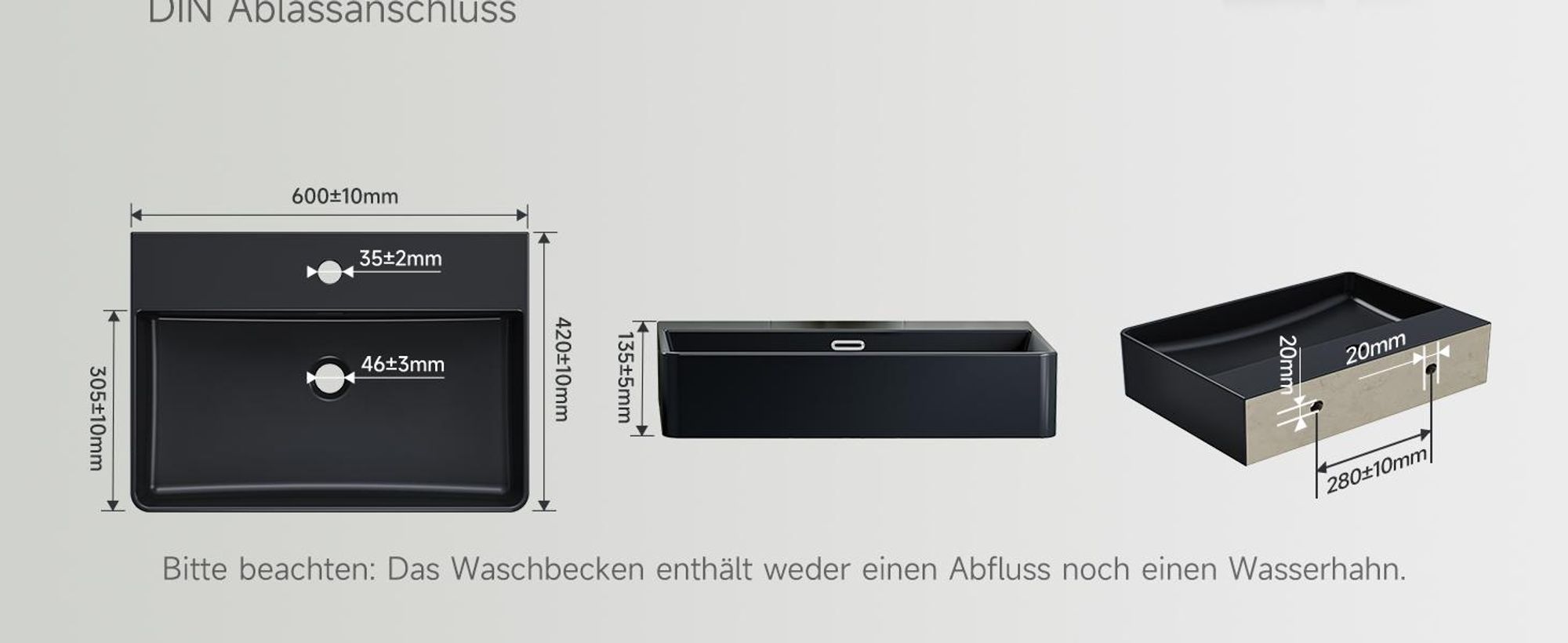 HOROW Schwarz Waschbecken Wandmontage Waschtisch Keramik Hängewaschbecken Rechteckig Aufsatzwaschbecken mit Hahnloch und Überlauf für Klein Gäste WC