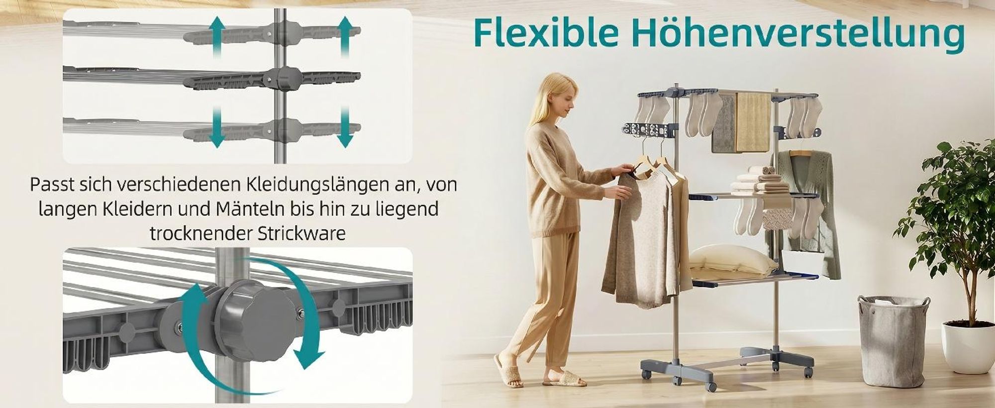 Mobiler Wäscheständer Wäschetrockner-Turm Seitenflügel auf 3/4 Ebenen Grau