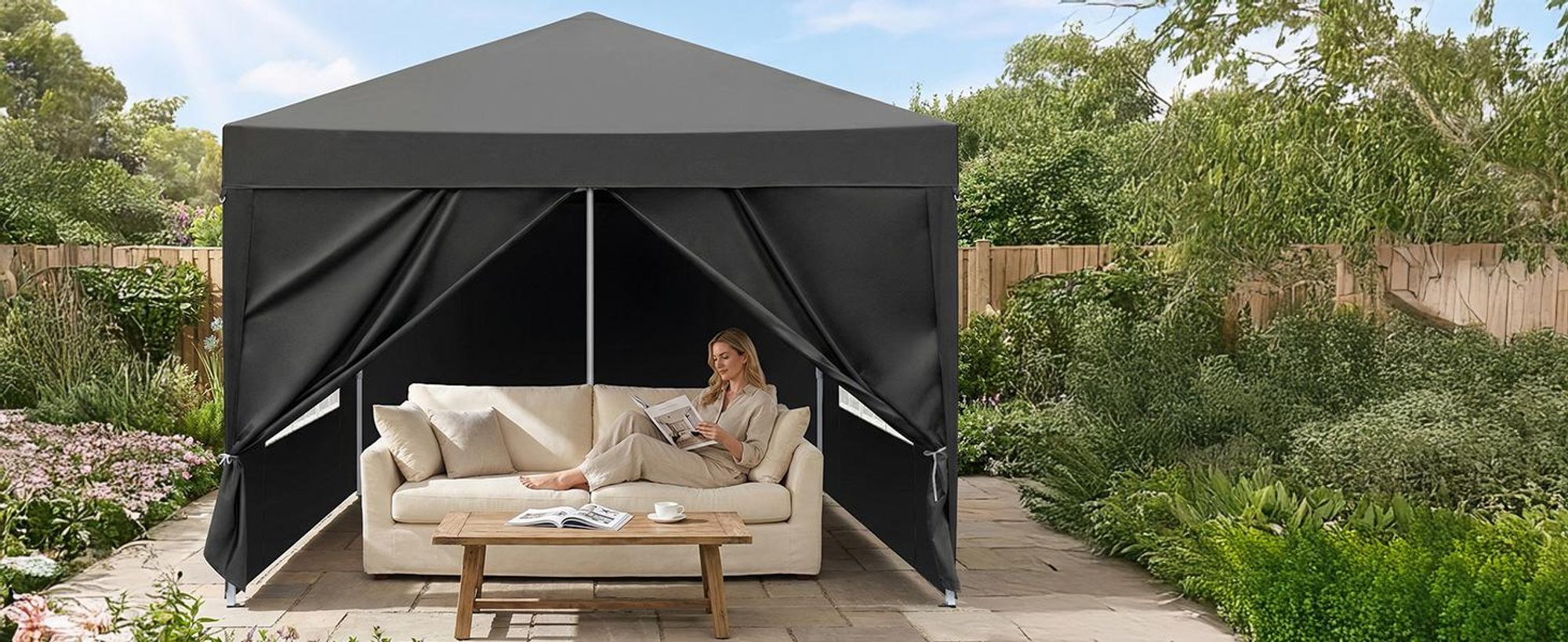 FCH Faltpavillon 3 x 3m Pop Up Pavillon Faltbar Wasserdicht Gartenzelt, UV-Schutz 50+ Pavillons & Partyzelte Festzelt mit 4 Seiten，Schwarz