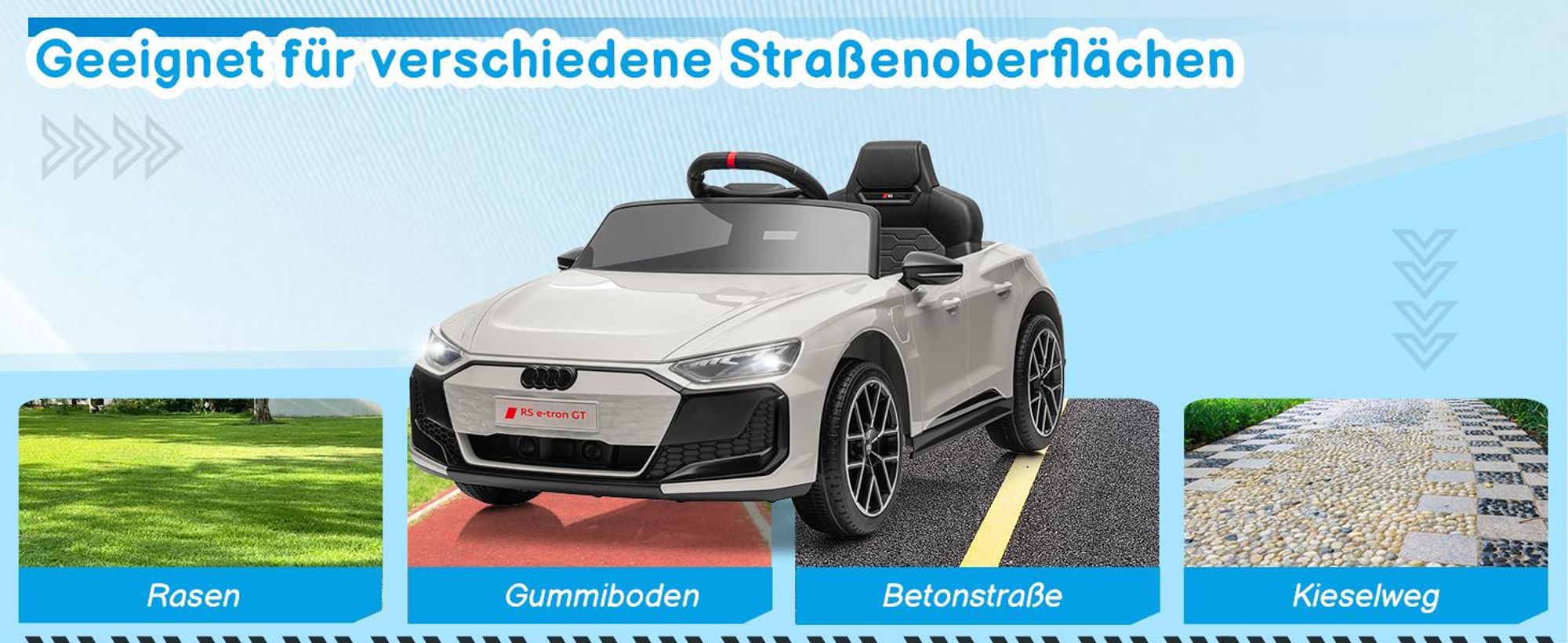 Kinder-Elektroauto 12V 4,5Ah, 2 Geschwindigkeitsstufen, 2,4G-Fernbedienung, geeignet für Kinder von 3 bis 5 Jahren, Audi RS e-tron GT, Hellgrau