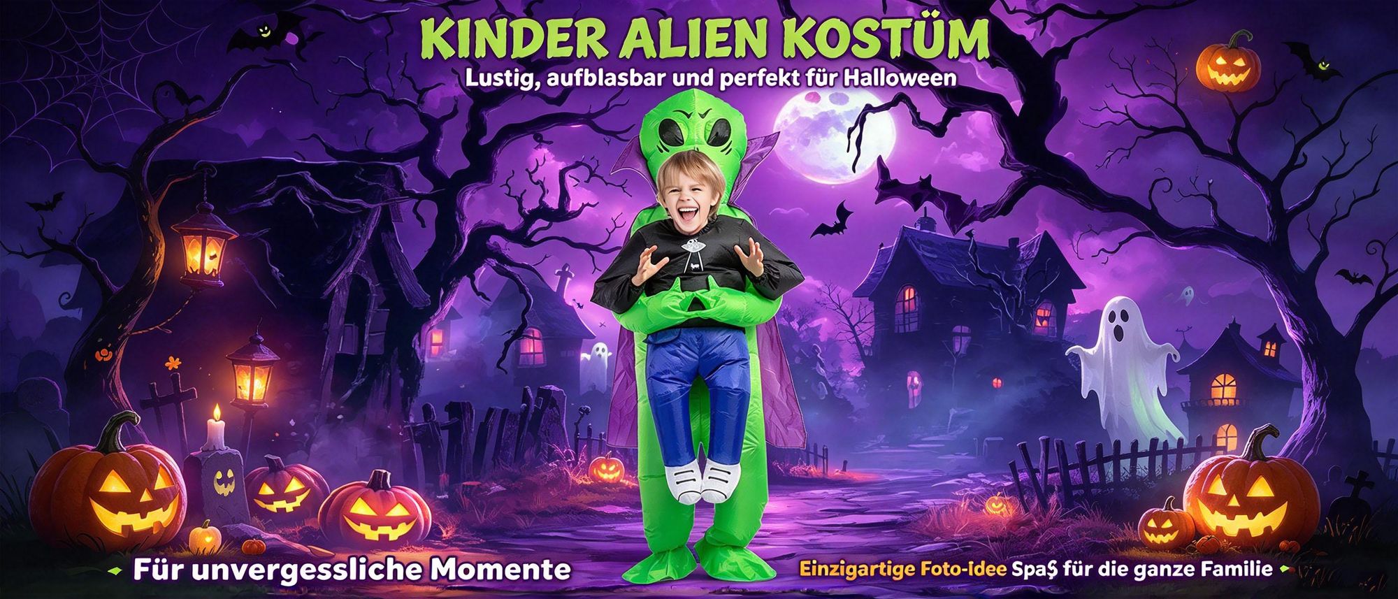 Juksun Alien Kostüm 120-150cm für Kinder Polyester grün aufblasbar mit Umhang für Halloween Karneval Party