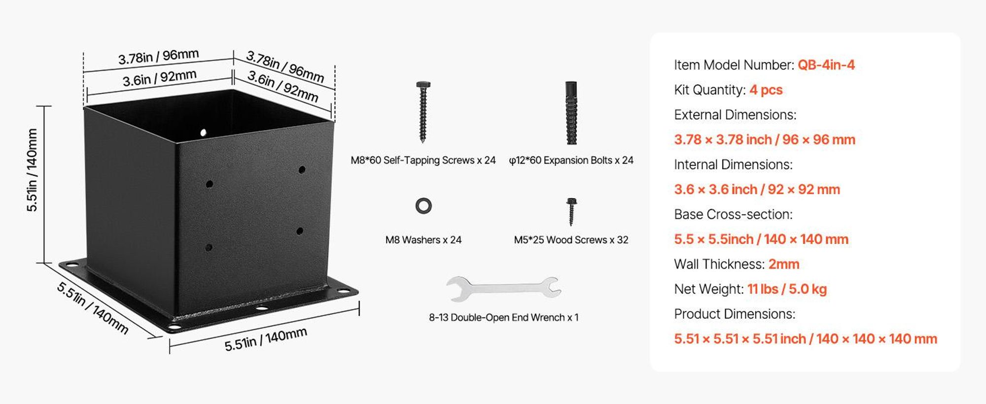 VEVOR 101,6x101,6mm Pfostenbasis 10 Stück, Innengröße 91x91 Pfostenbasis Halterungen, Schwerlast Pulverbeschichtete Pfostenanker Matt Schwarz Holzpfosten Halterungen für Pavillon Deck Geländer Unterstützung Deck Basisplatte, 4 Seiten Fest-4x4 Zoll-4 Stück