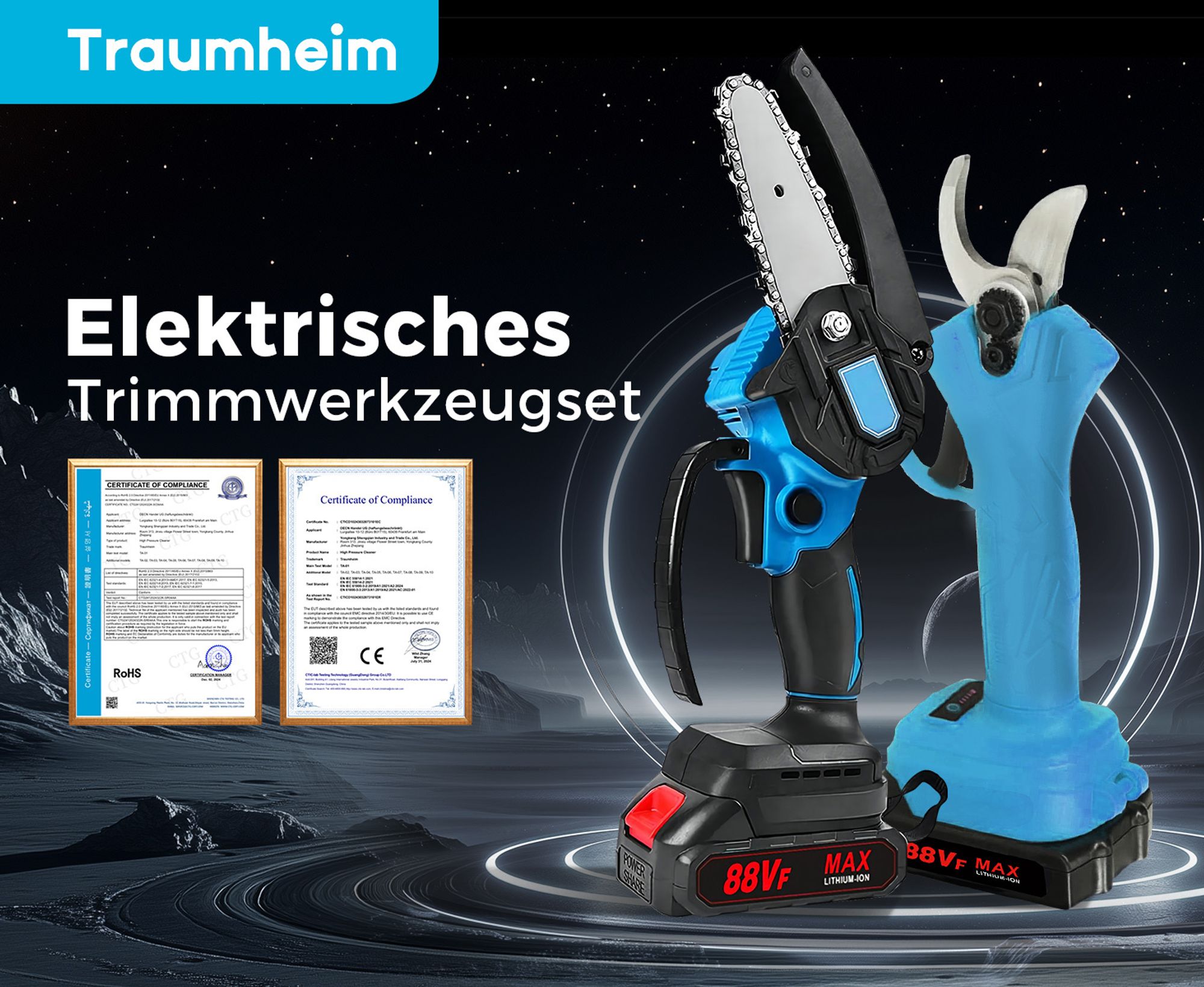 Traumheim 21V Akku-Kettensäge 4/6 Zoll & Akku-Astschere 25 mm, Mini-Kettensäge Set mit 2 Akkus, Ladegerät & Zubehör für Gartenarbeiten
