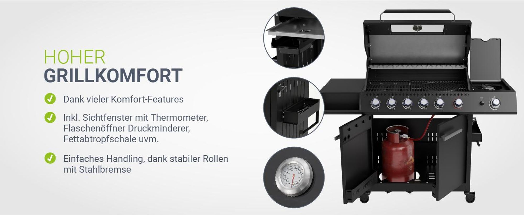 JUSKYS® Gasgrill Tennessee 6+1 mit Edelstahlbrennern & LED-Regler und Sichtfenster
