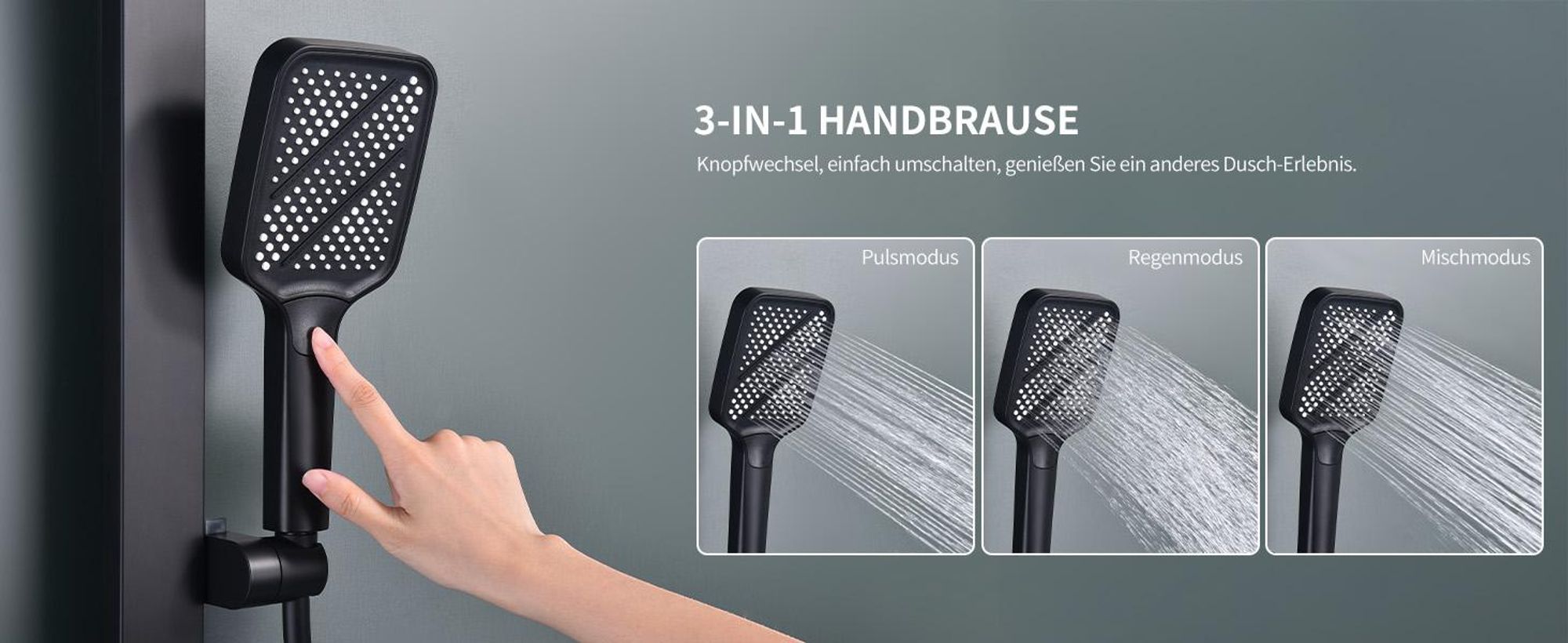 Homelody Duschsystem mit Thermostat und Glasablage in Schwarz Matt,Brausegarnitur 3 Strahlart(en), 12 Zoll Regendusche, 3-Funktions-Handbrause