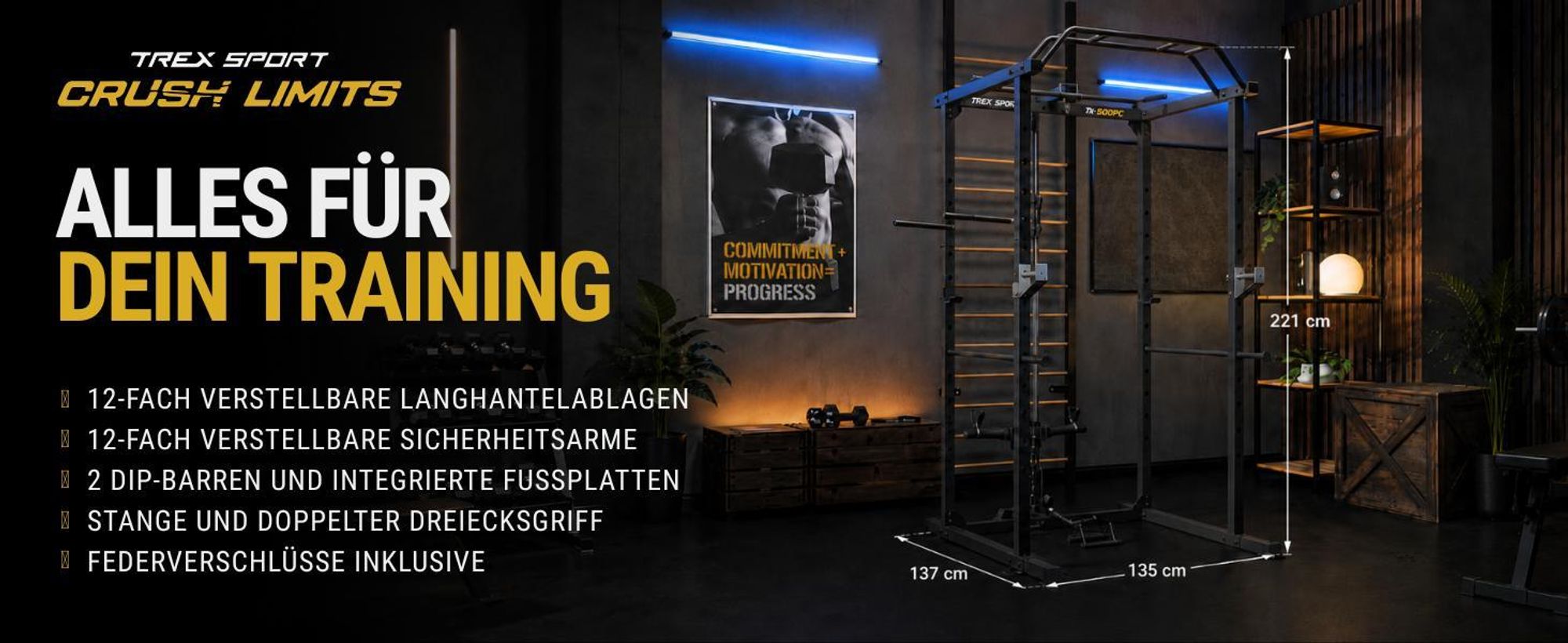 TREX SPORT Power Rack TX-500PC | Powerrack & Multipresse mit Latzug oben/unten, Klimmzugstange, Dip-Station | Squat Rack & Homegym mit Ablagen