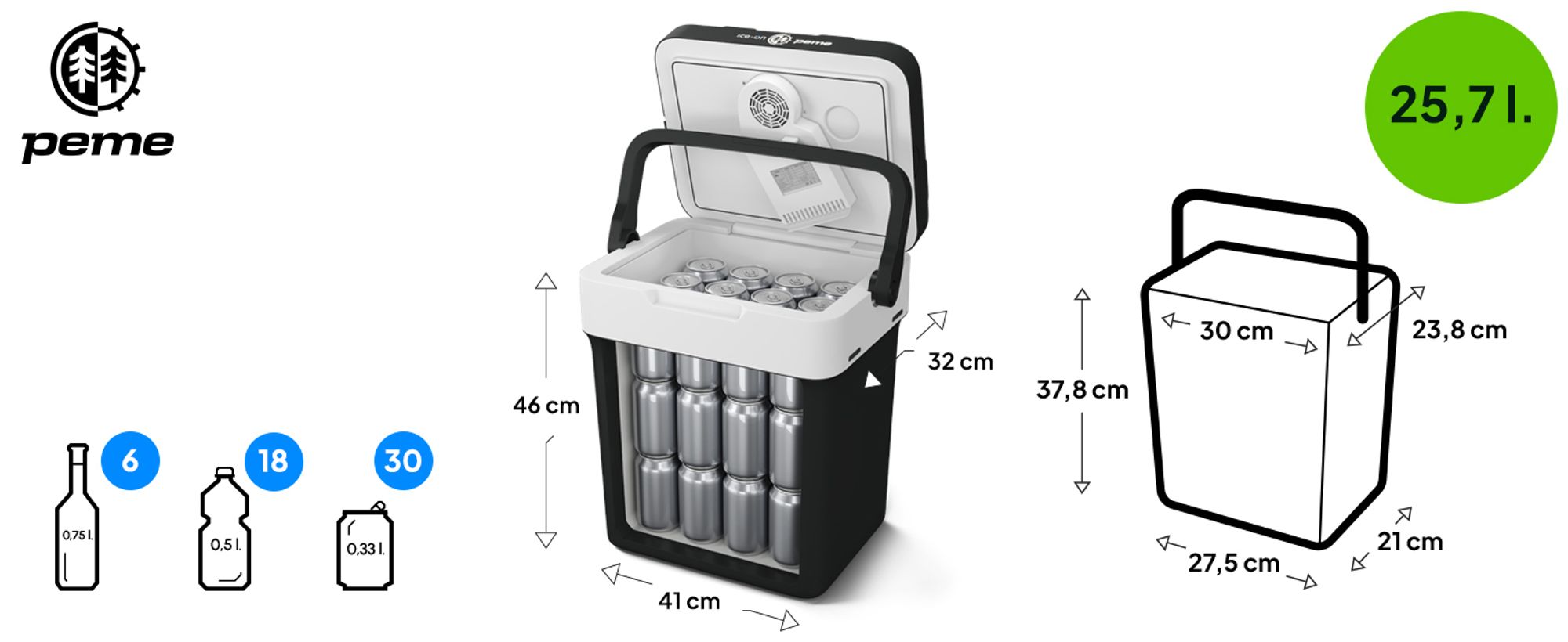 PEME Essential 26 L Elektrická chladiaca taška – termoelektrická chladiaca taška do auta, na kempovanie, minichladnička, taška na udržiavanie teploty, USB, ECO, tichá, čierna, 230 V