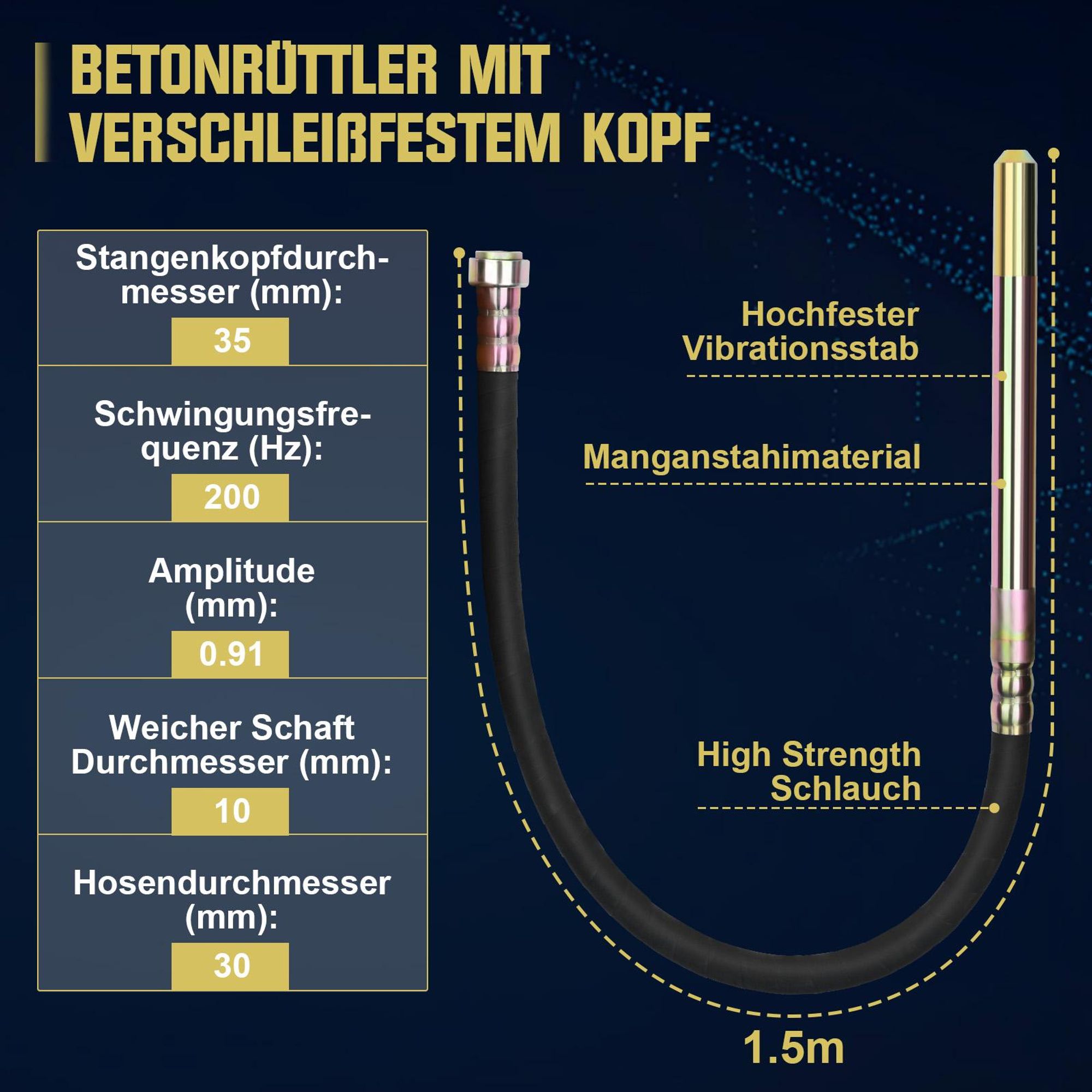Betonrüttler 1800W mit 2m SCHLAUCHLÄNGE, Elektro Betonverdichter, 35 mm Flaschenrüttler, Rührwellendrehzahl 6000 U/min, Beton Rüttelflasche