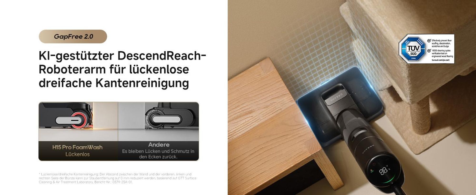 Dreame H15 Pro FoamWash Nass- und Trockensauger, 23000Pa Saugleistung, 0 Tangle, 180° Lie-Flat,60min Laufzeit,100℃ selbstreinigend,LED,4-Modus,400m²