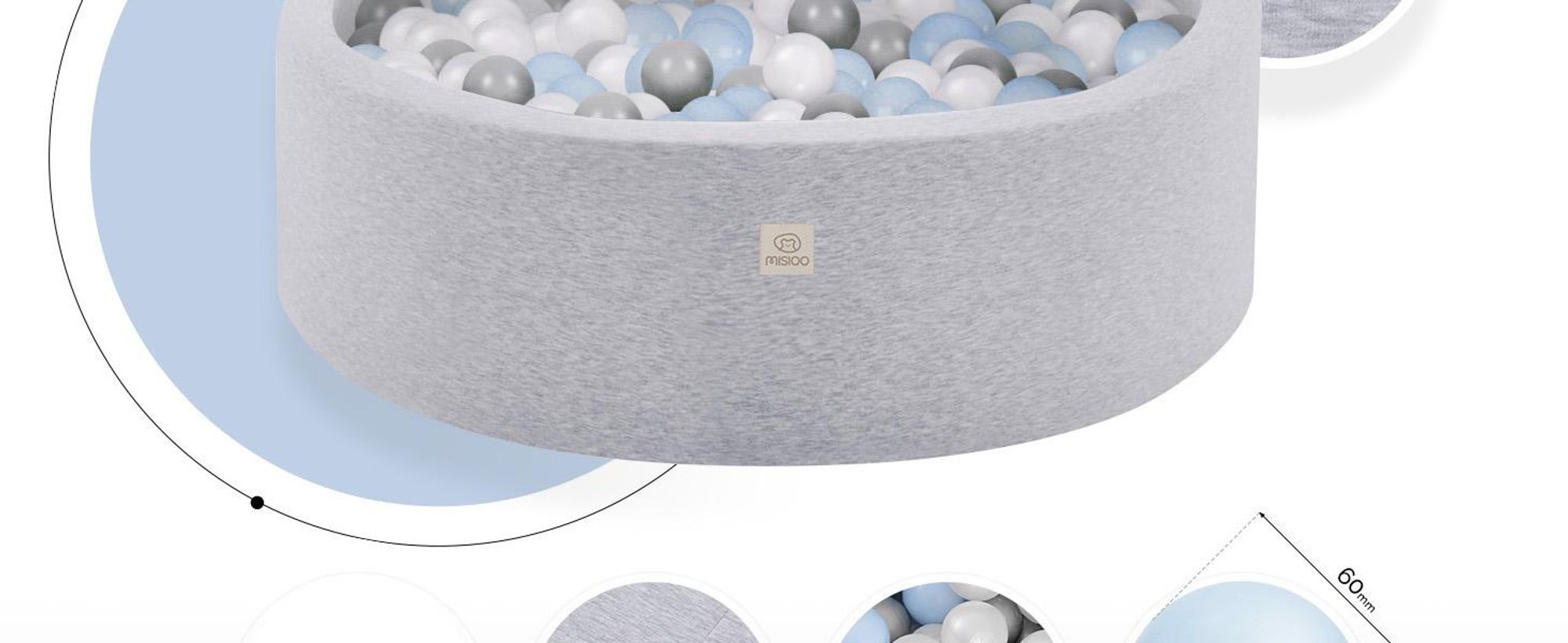 MISIOO Smart Bällebad 90x30 cm - Bällebader Kinder für Baby Zimmer - Bälle für Bällebad - Baby Spielzeug - Hellgrau: Hellblau/Perlen/Silber -150 Bälle