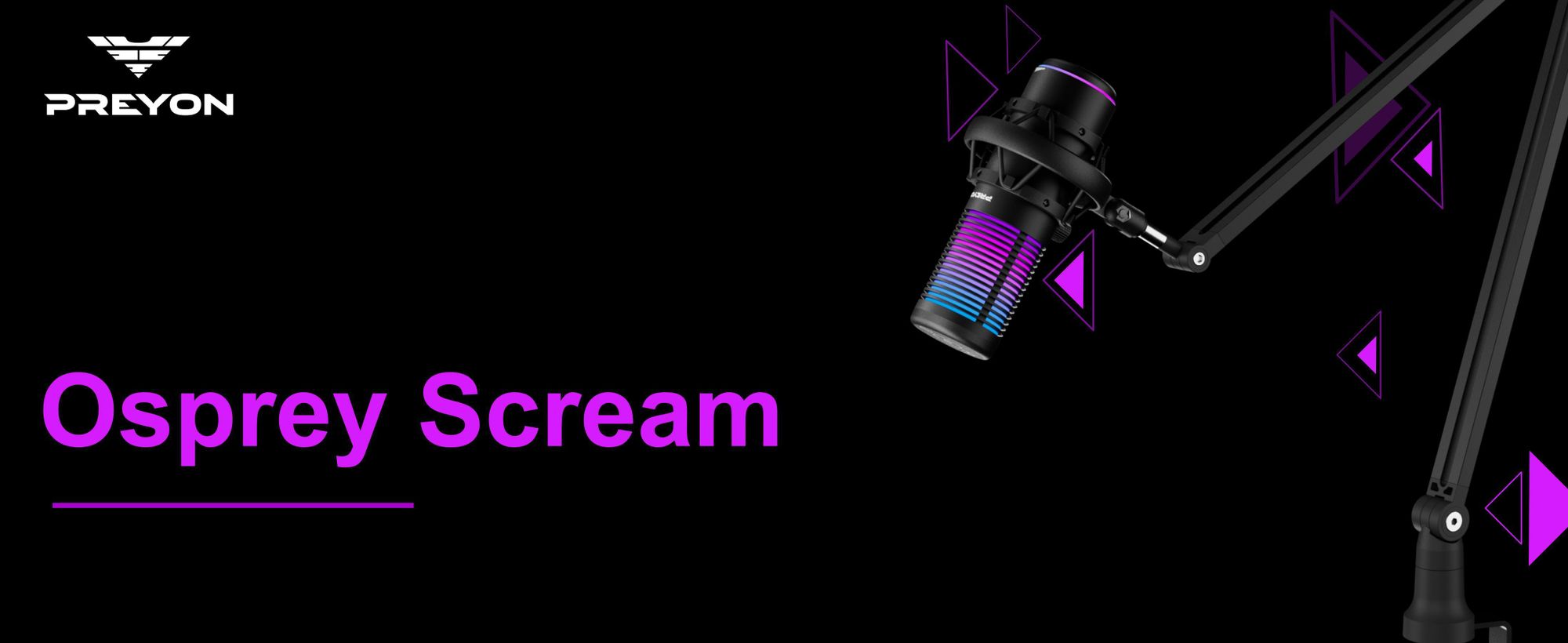 PREYON Osprey Scream Mikrofon RGB, Nierencharakteristik, Aluminiumgehäuse, Stummschalttaste, Lautstärkeregler, Mini Jack 3,5 mm, Plug and Play