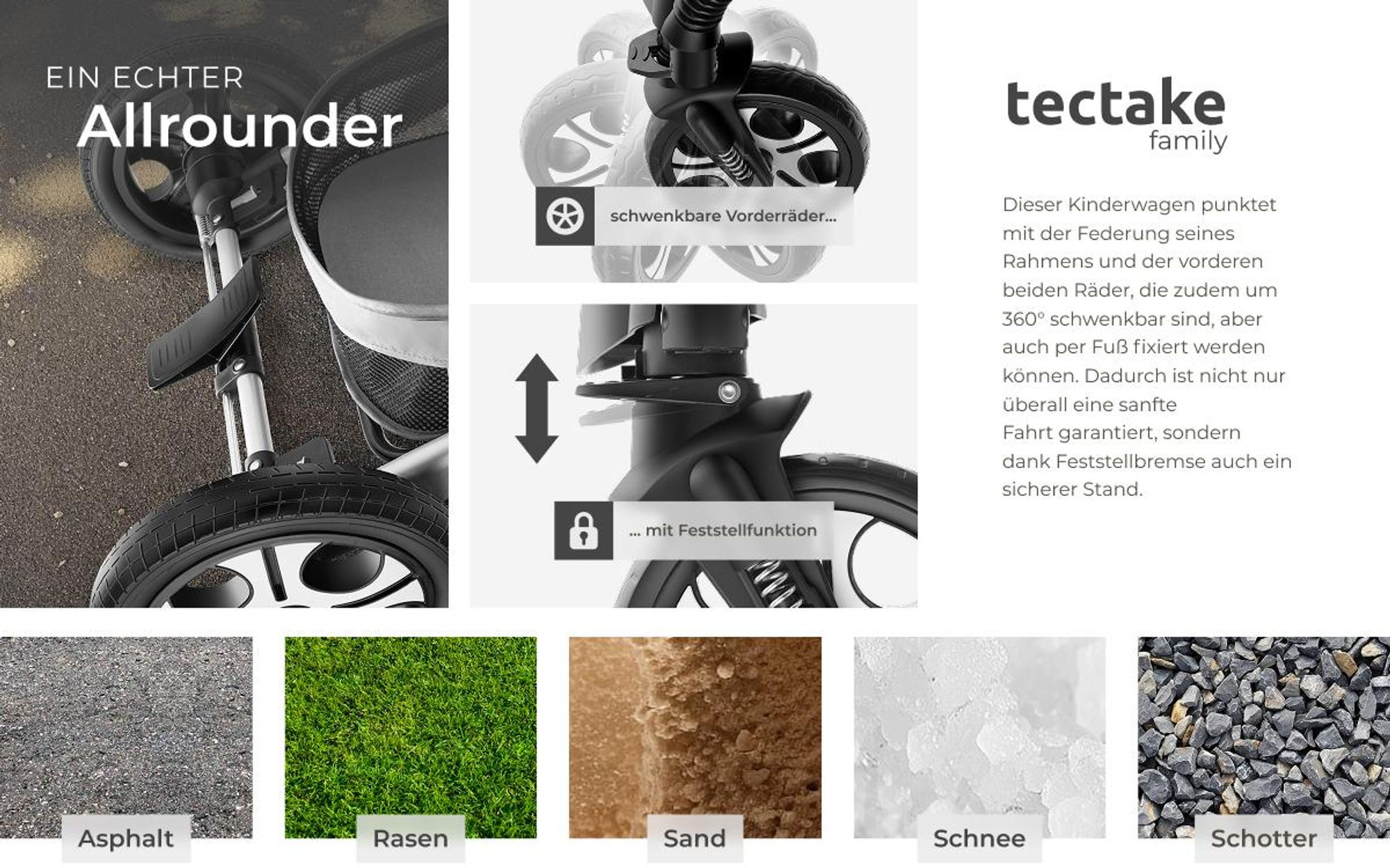 tectake® Kombi-Kinderwagen Mats 2 in 1, klappbar, mit 5-Punkt-Gurt, Bremse, Schutzbügel und Handschlaufe für 0 bis 36 Monate geeignet, Belastbarkeit 15 kg