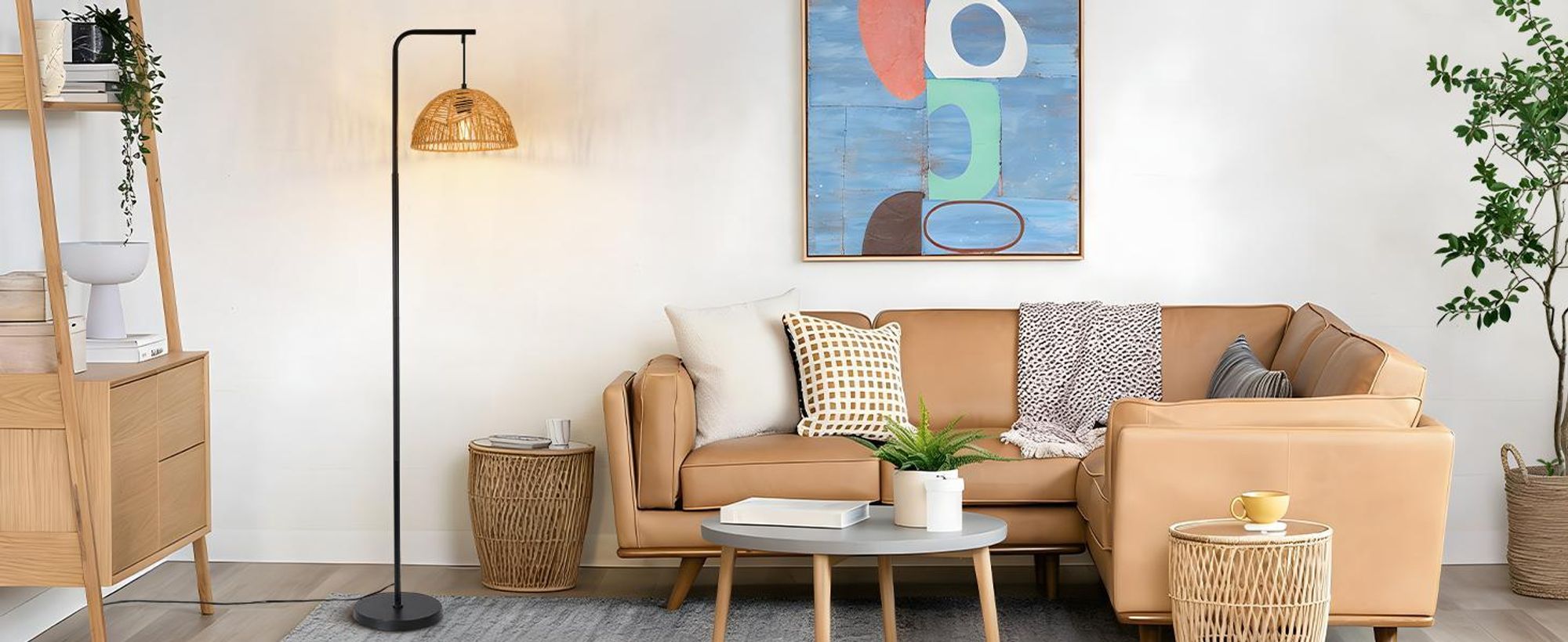 ZMH Stojací lampa Boho, stojací lampa do obývacího pokoje, lampa s provazovým stínidlem, černá, s nožním spínačem, E27, výška 164 cm, do ložnice a jídelny