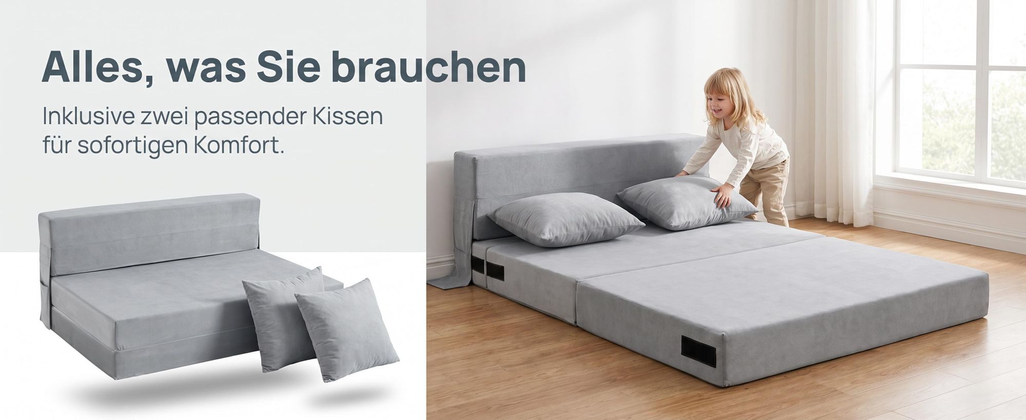 Faltbares Schlafsofa 140x200 cm mit Kissen für Zwei, umwandelbarer Bodensessel mit Rückenlehne für kleine Räume, Büro & Gästezimmer, Grau