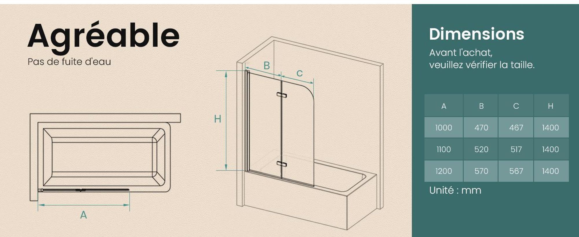 EMKE Paroi de douche pliante 120 x 140cm nano-revêtement ESG verre de sécurité double porte pliante paroi de douche en verre pour baignoires