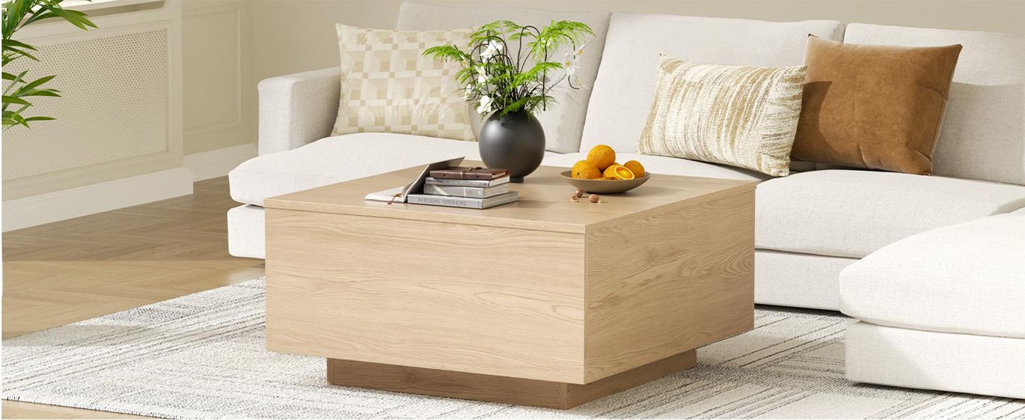 FABATO Couchtisch eckig, höhenverstellbar mit verstecktem Staufach, Landhaus-Design in Natur
