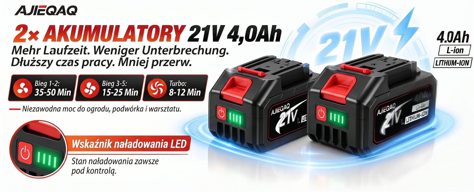 Akumulatorowa Dmuchawa do Liści 21V Brushless, 2×4,0Ah Akumulatory, 320 km/h, 6 Poziomów z Trybem Turbo, 1000W, Bezprzewodowa Dmuchawa z 2 Rurami