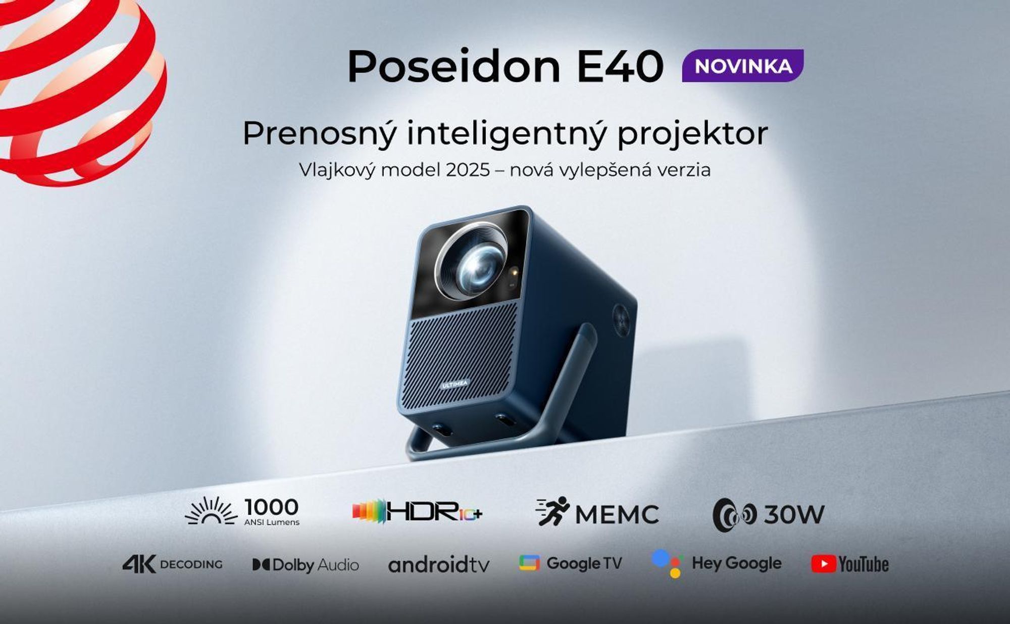 Projektor Poseidon E40, Android TV 11.0 s Netflixom, Dolby Audio projektor, 2000:1, 1920 x 1080 px, dizajn s rukoväťou na prenášanie, prenosný projektor Native 1080P