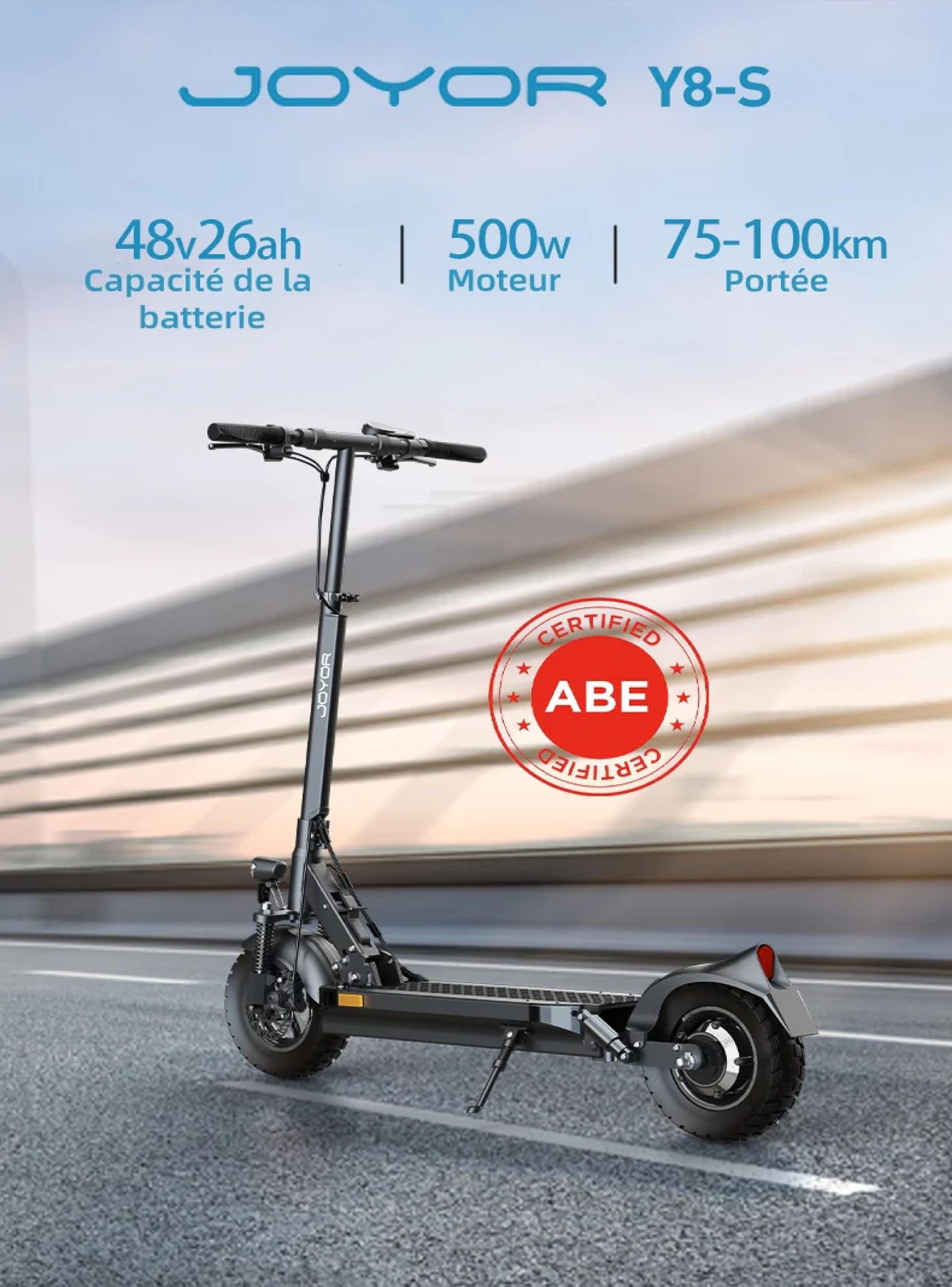 JOYOR Y8-S ABE Certified Pliable Trottinette électrique - Moteur 500W Batterie 48V26AH Pneus de 10 Pouces - Noir
