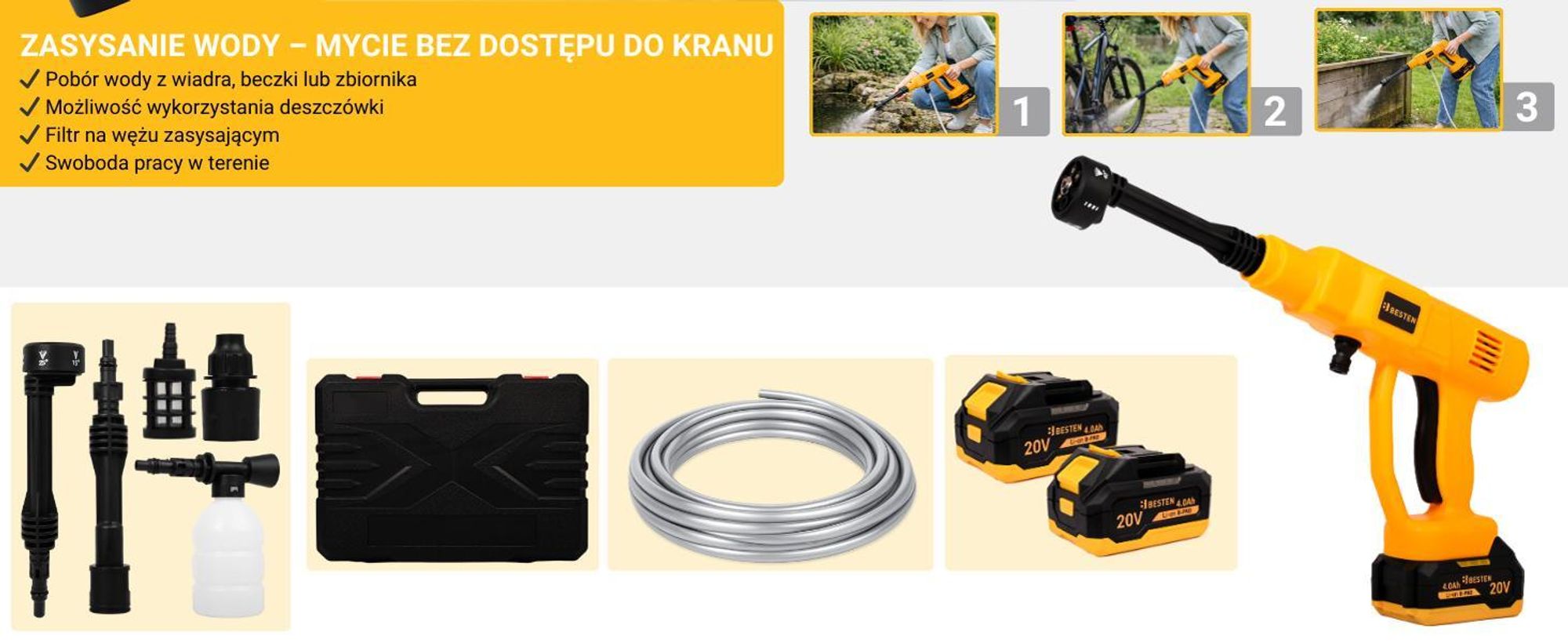 Myjka ciśnieniowa akumulatorowa BESTEN 20V 20 bar 240 l/h 2x4Ah B-PRO dysza 6w1 zasysanie wody