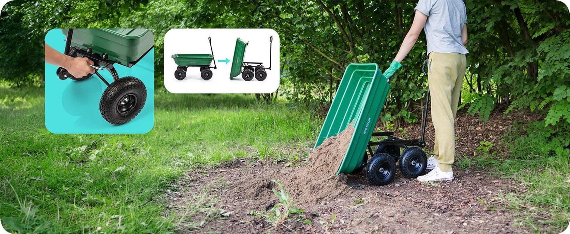 Gartenwagen Meteor Kippwagen 250kg Tragkraft 75L, 3-in-1 Schubkarre Transportwagen mit Luftbereifung & Kippmulde, Lenkbare Achse, Handwagen für Holz & Erde, schwarz