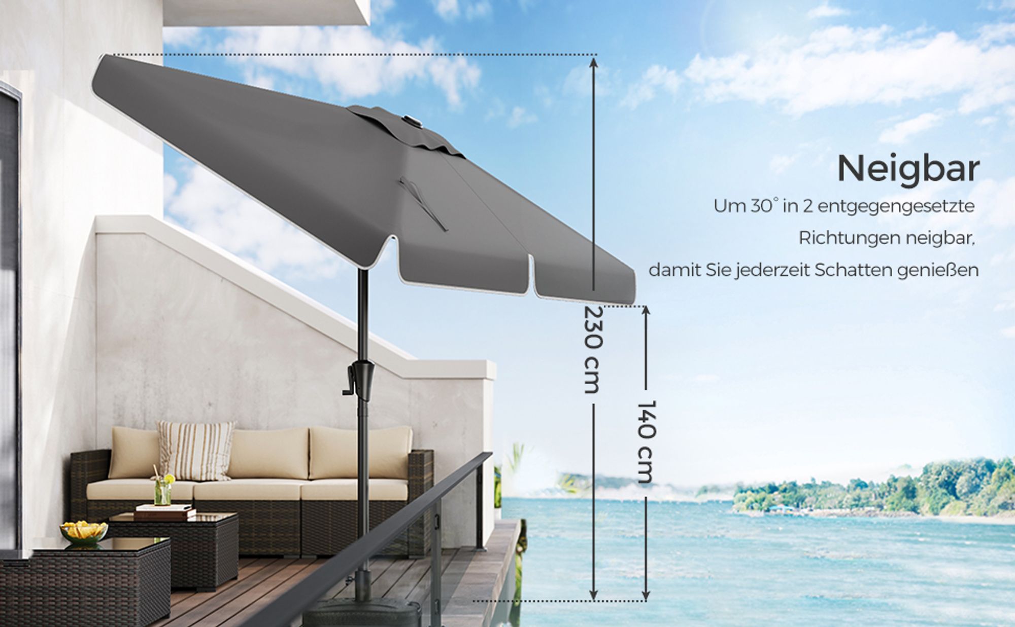 SONGMICS Sonnenschirm Balkonschirm UPF 50+ 200 x 150cm beidseitig um 30° knickbar