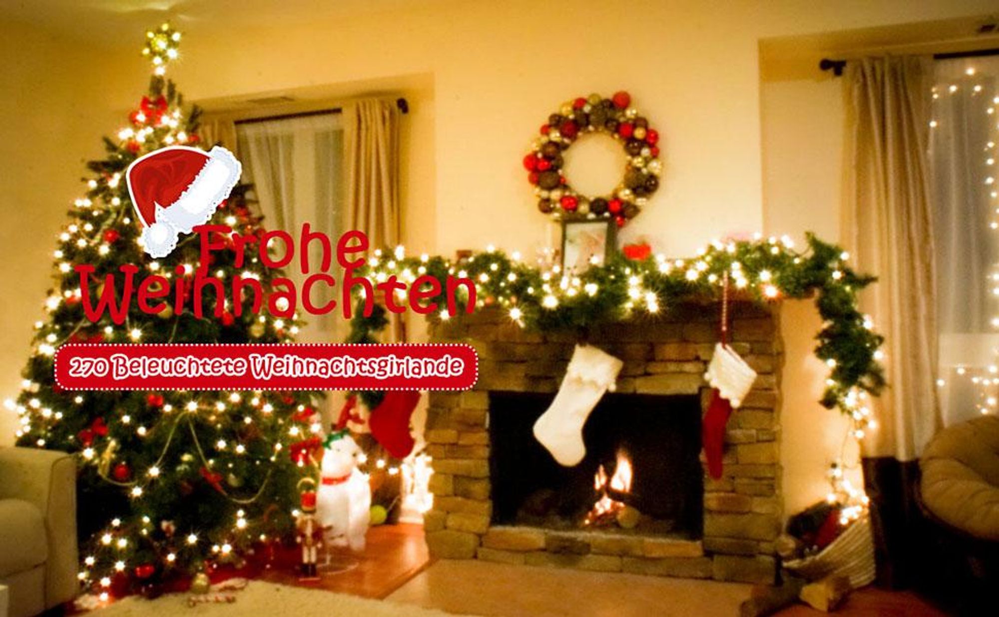 COSTWAY 270cm Weihnachtsgirlande mit 100 warmweißen LEDs, künstliche Tannengirlande mit Kiefernzapfen, roten Beeren & Timer, Christmas Girlande