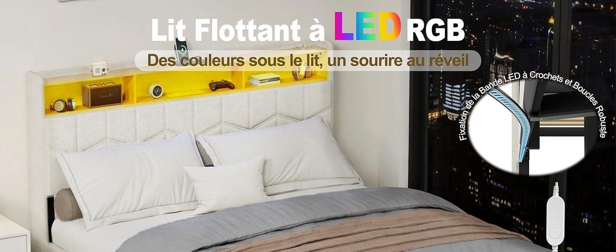 DEWINNER Lit 140x190 avec Sommier | Cadre Flottant | Lit Double avec LED Réglable | Multiprise | Sommier à Lattes | Lin Blanc | Idéal pour Chambre Mod