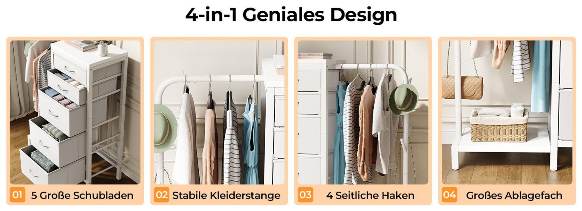 Standgarderobe Garderobenständer Kleiderständer Garderobe mit 5 Stoff Schubladen, Kommodeschrank mit Kleiderstange