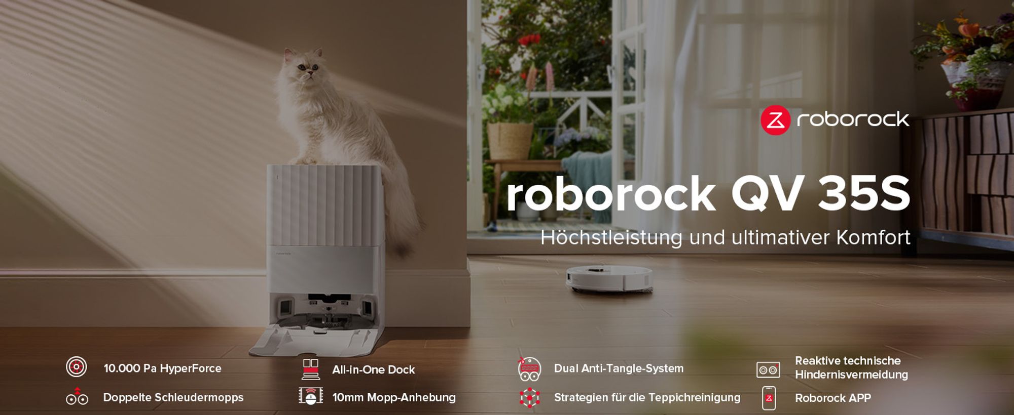 Roborock QV 35S Staubsauger Roboter, 10.000 Pa Saugroboter (Upgrade von Qrevo Plus), Anti-Tangle-Bürsten, Anhebbare Schleudermopps (Weiß)