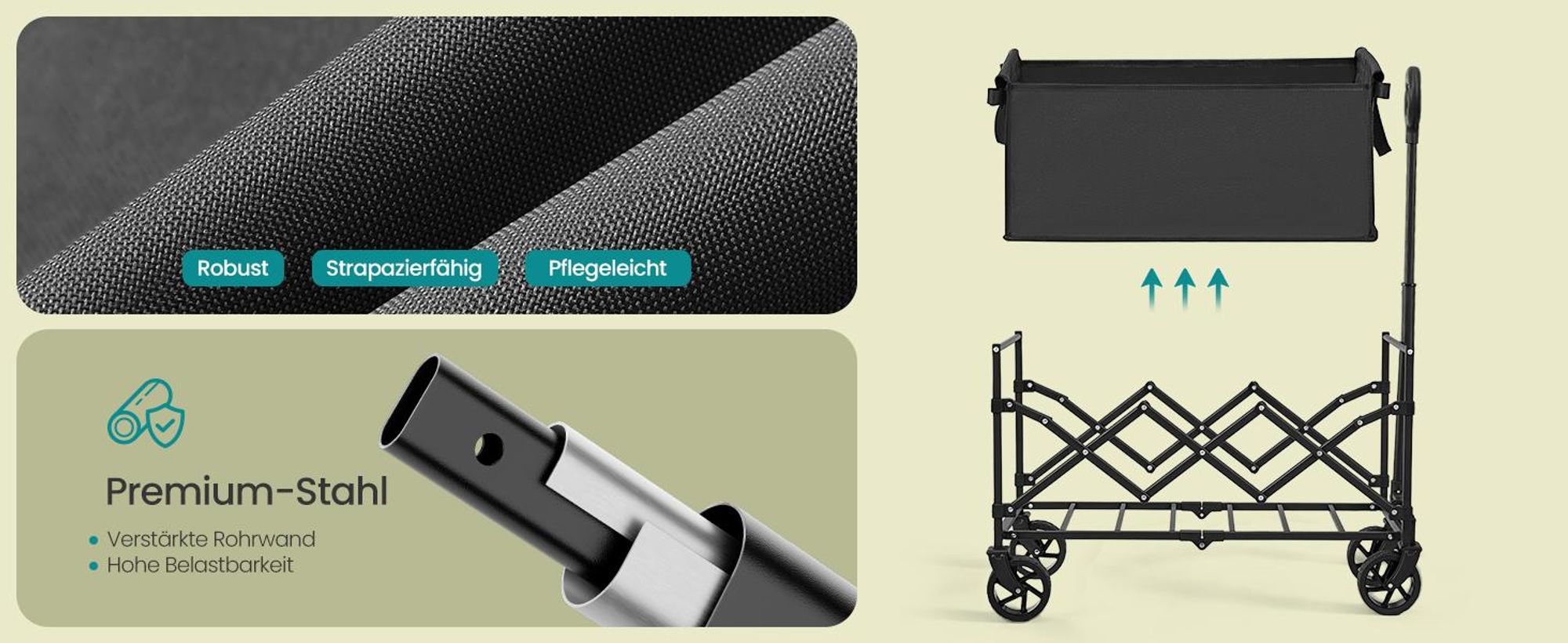 SONGMICS Faltbarer Bollerwagen, Transportwagen mit Griff, 4 verstärkte Rollen, 150 L, Outdoor, bis 150 kg, Garten, schwarz
