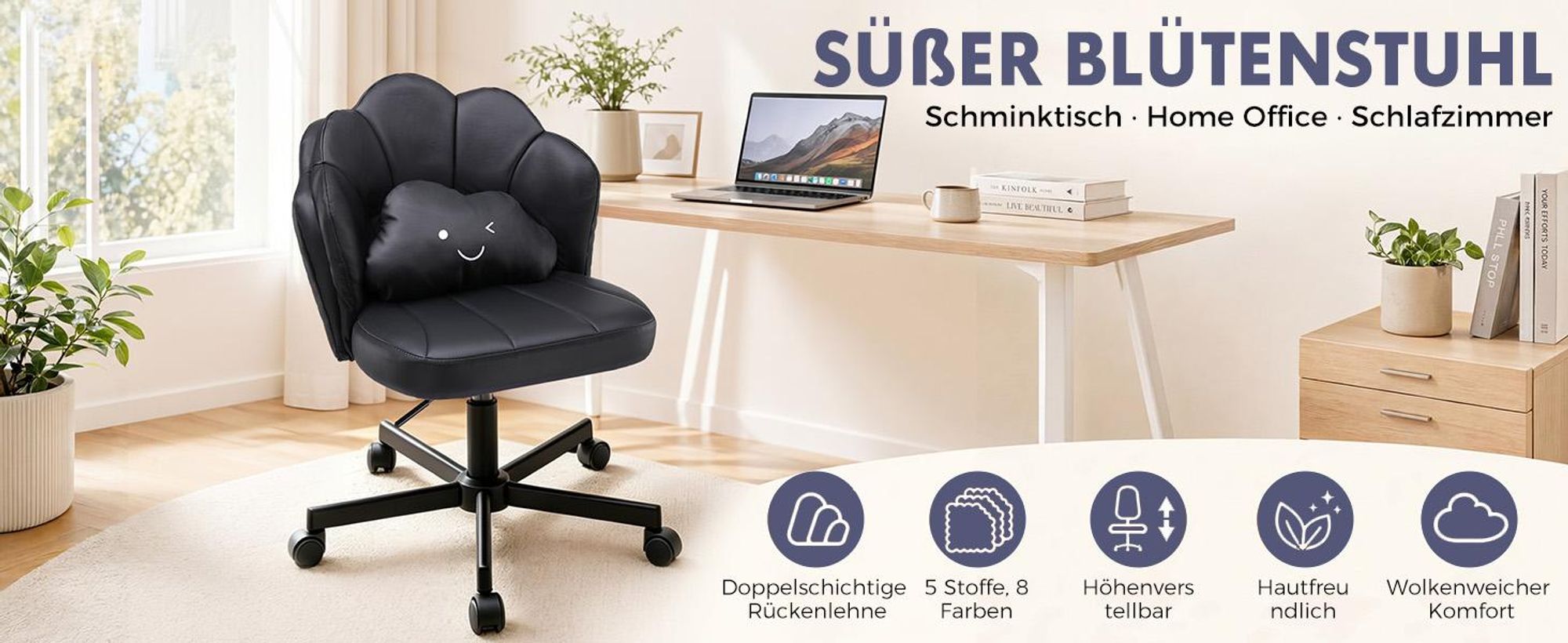 COMHOMA Schreibtischstuhl Schminkstuhl mit Rollen, Doppelter Rückenlehne und Wolkenkissen, Höhenverstellbarer Drehstuhl, Bürostuhl Kunstleder, Schwarz