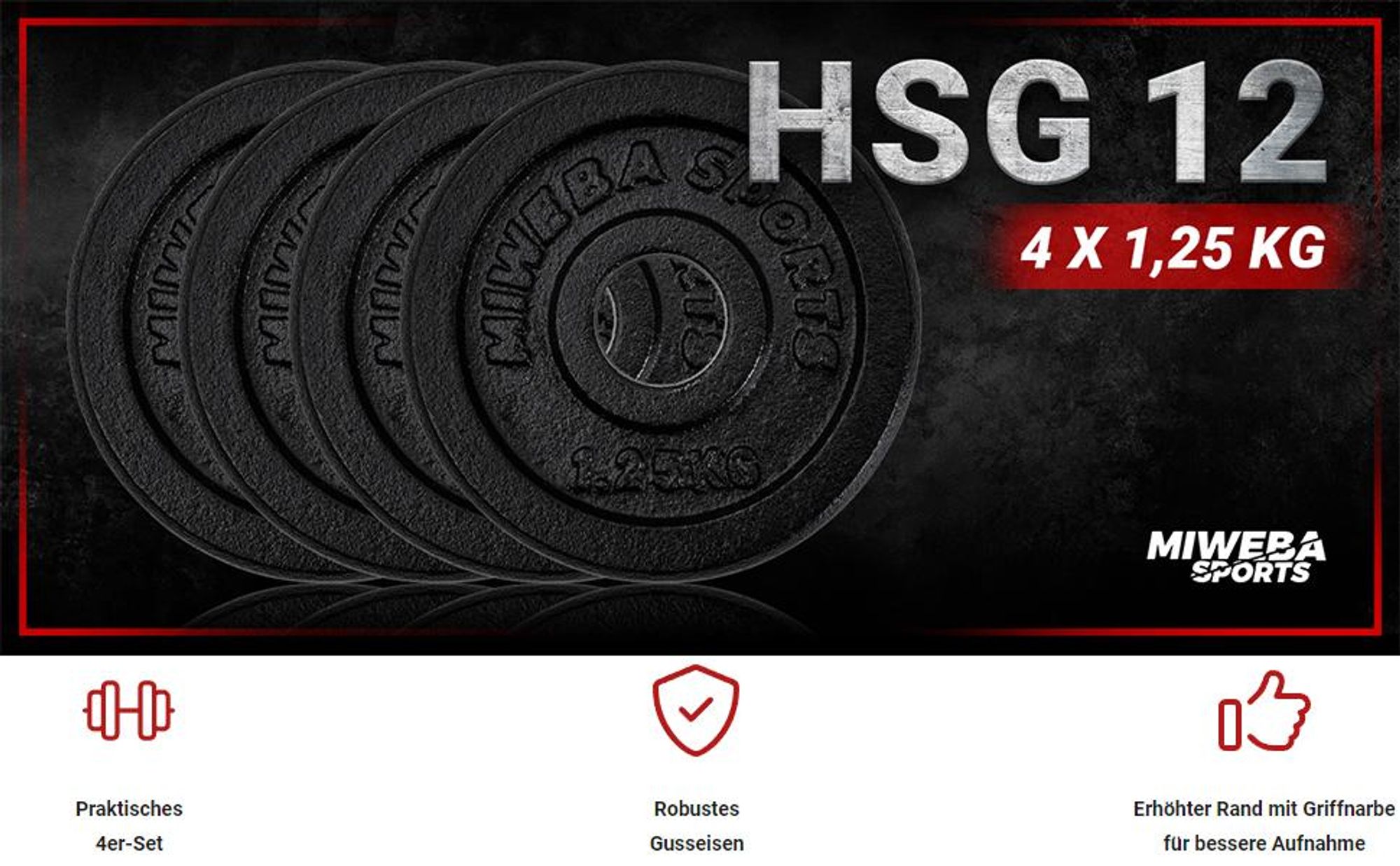 Miweba Sports Hantelscheiben Set | Gusseisen - Hantelgewicht - Gewichtsscheiben - Fitness Scheiben - Gewichte für Hantel - Ø30mm - Schwarz - 4x1,25 kg