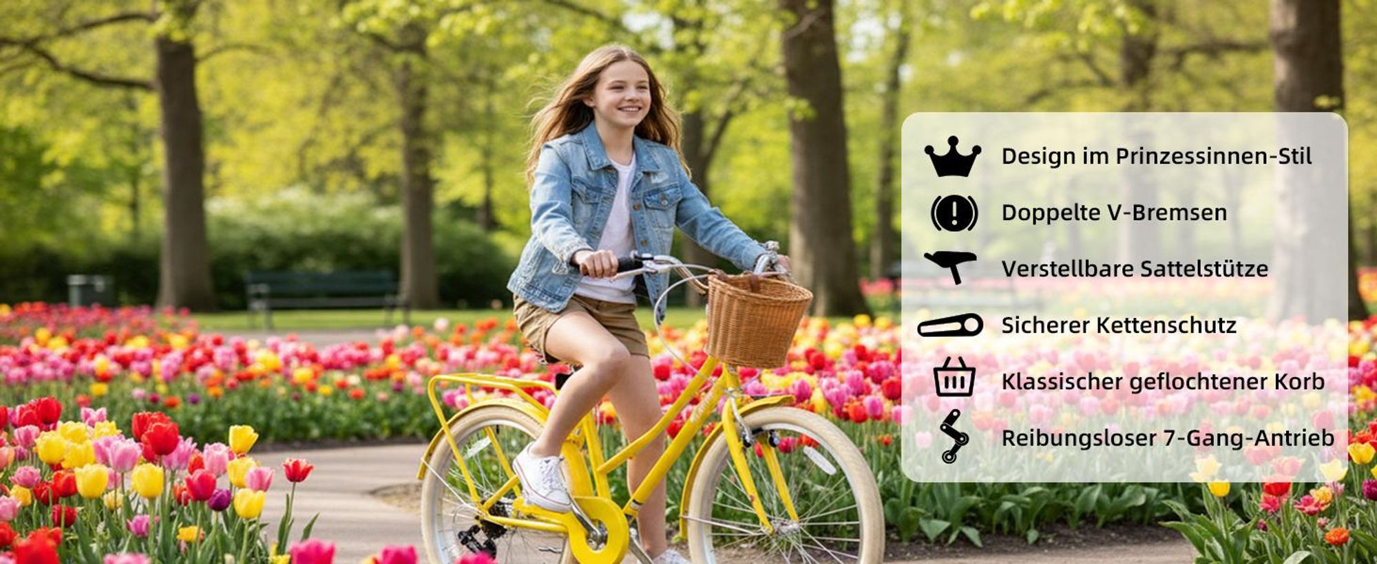 Mädchen Kinderfahrrad 20/24 Zoll, 7-Gang Shimano, V-Bremsen, Weidenkorb, Prinzessinnen Stil