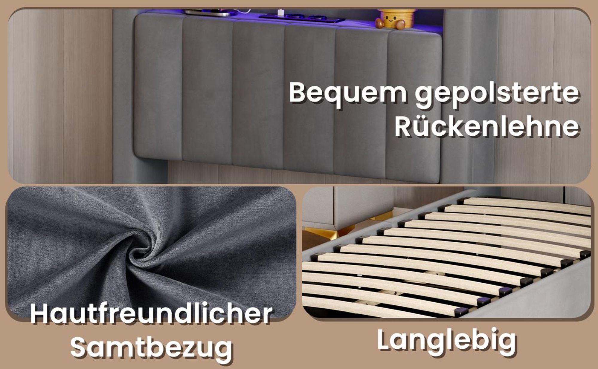 MODFU Boxspringbett Jugendbett 90x200 mit LED und Steckdosen,Polsterbett mit Bettkasten,Stauraumbett,ohne Matratze,Grau