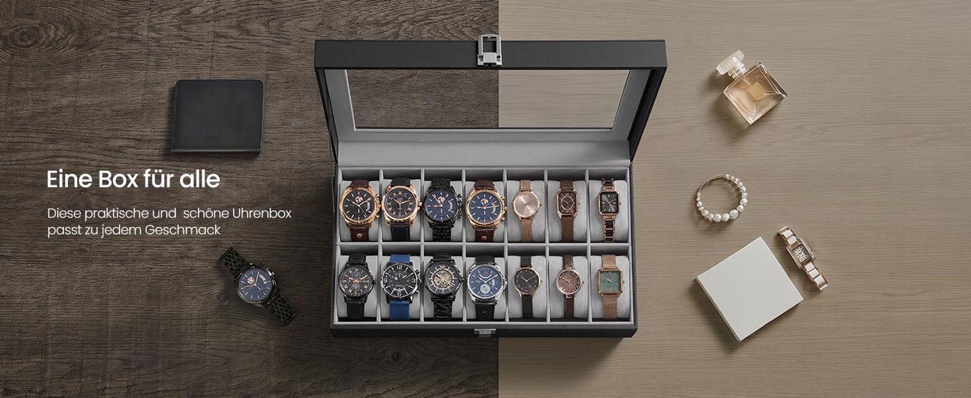 SONGMICS Uhrenbox für 14 Uhren mit Glasdeckel Kunstleder 34,8 x 20 x 7,5 cm Schwarz