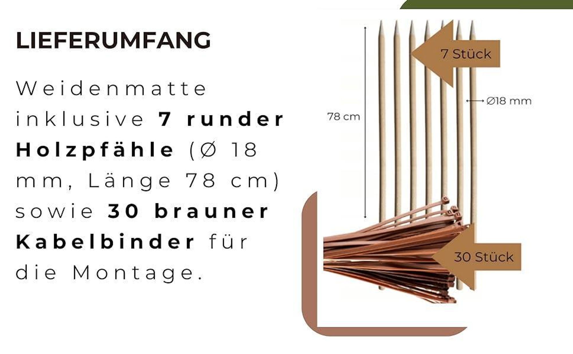 Set Weidenmatte 60x300 cm und 7 Stück Holzpfähle ⌀18 mm Länge 78 cm und 30 Stück Kabelbinder Weidezaun Zaunpfosten Holzpfosten Sichtschutz Garten