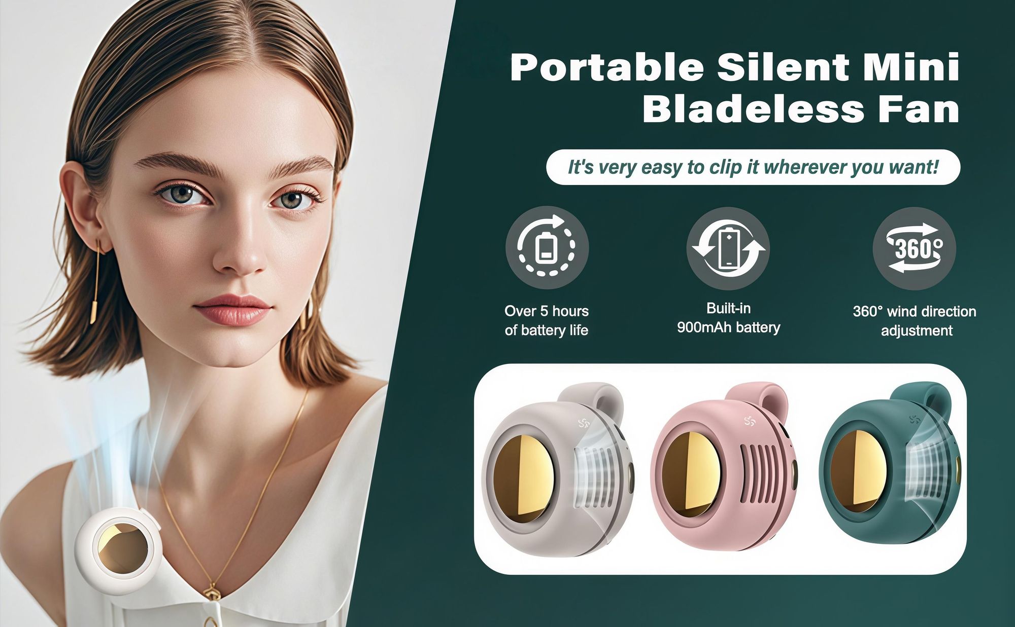 Mini Clip Ventilator,USB Ventilatoren Gurtelclip mit 900mAh Akku,3 Stufen,Tragbarer 360° Drehbar Handventilator Superleise 25db für Outdoor Büro Reise