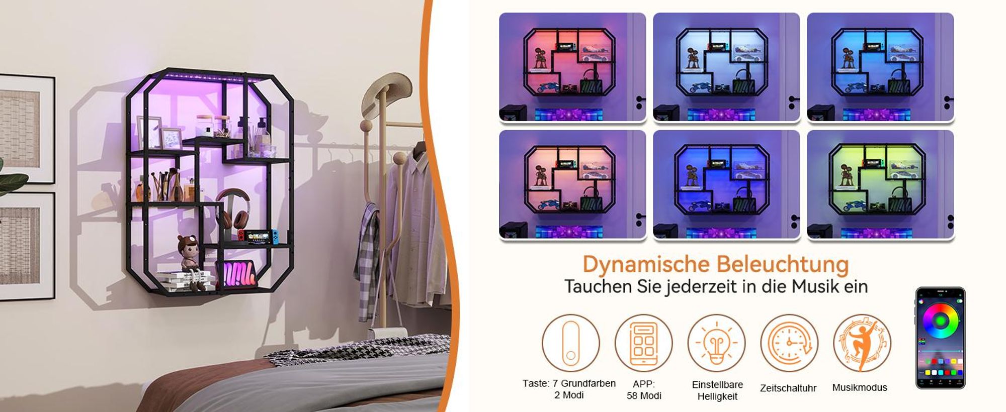 Puluomis LED Wandregal mit Musik-Modus 85x63cm, Beleuchtetes Regal mit 7 Farben 58 Modi, Wand- oder Bodenmontage mit Anti-Kipp, Für Wohnzimmer Bar