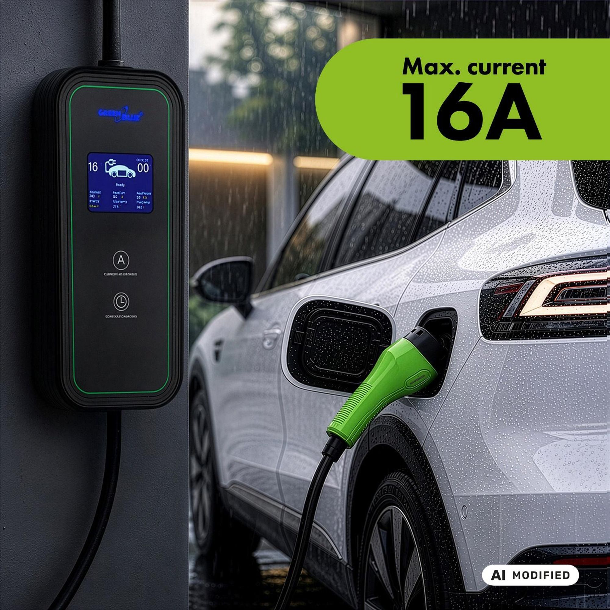 GreenBlue-Ladegerät für Elektrofahrzeuge (EV) und Plug-in-Hybridfahrzeuge (PHEV) tragbar Typ 2 Kabellänge 6,8 m IP65 11 kW 220–380 V Wechselstrom