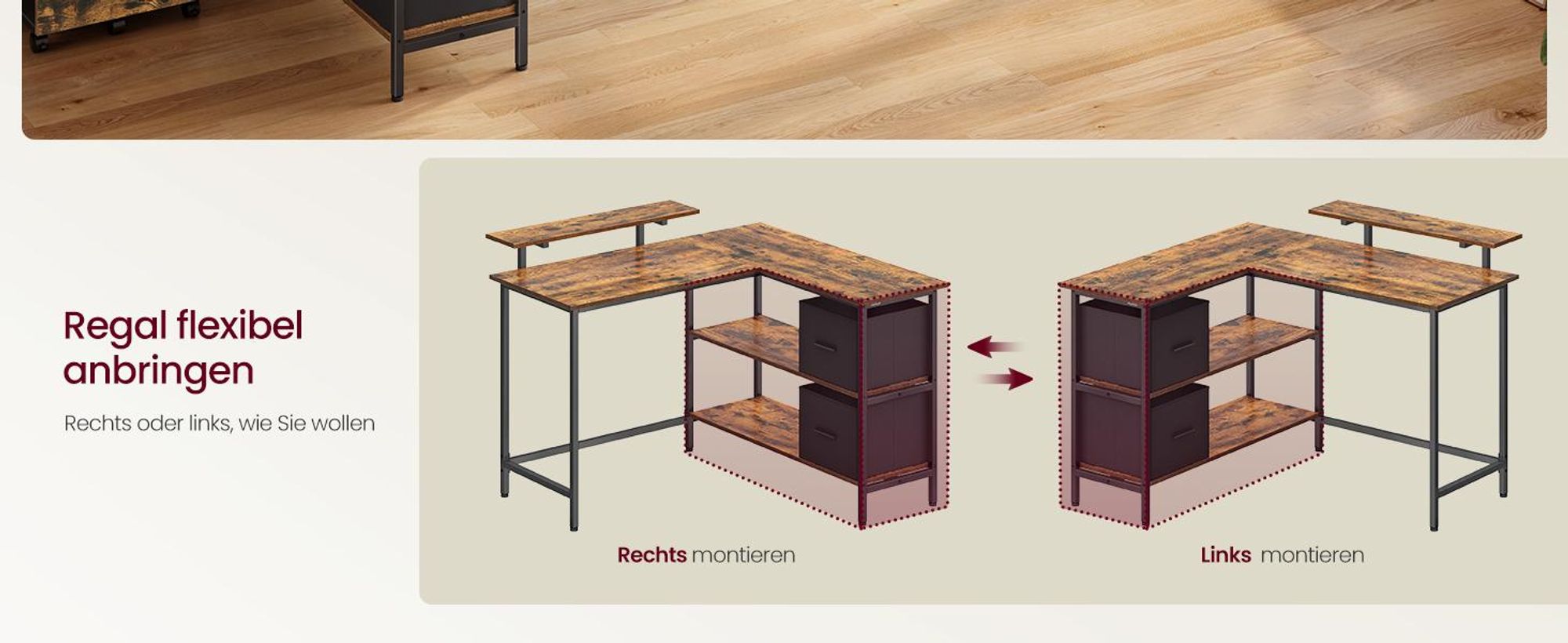 VASAGLE L-förmige Schreibtisch Eckschreibtisch Computertisch mit Schubladen Vintage