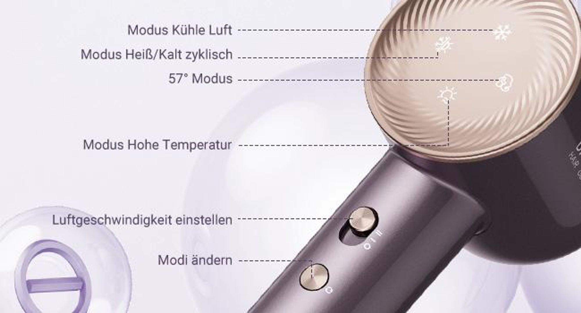 Dreame Glory Combo Haartrockner,110K U/min,70m/s,professioneller,Negativ-Ionen-Technologie,4 Temperaturstufen, Luftgeschwindigkeitsregelung,lila