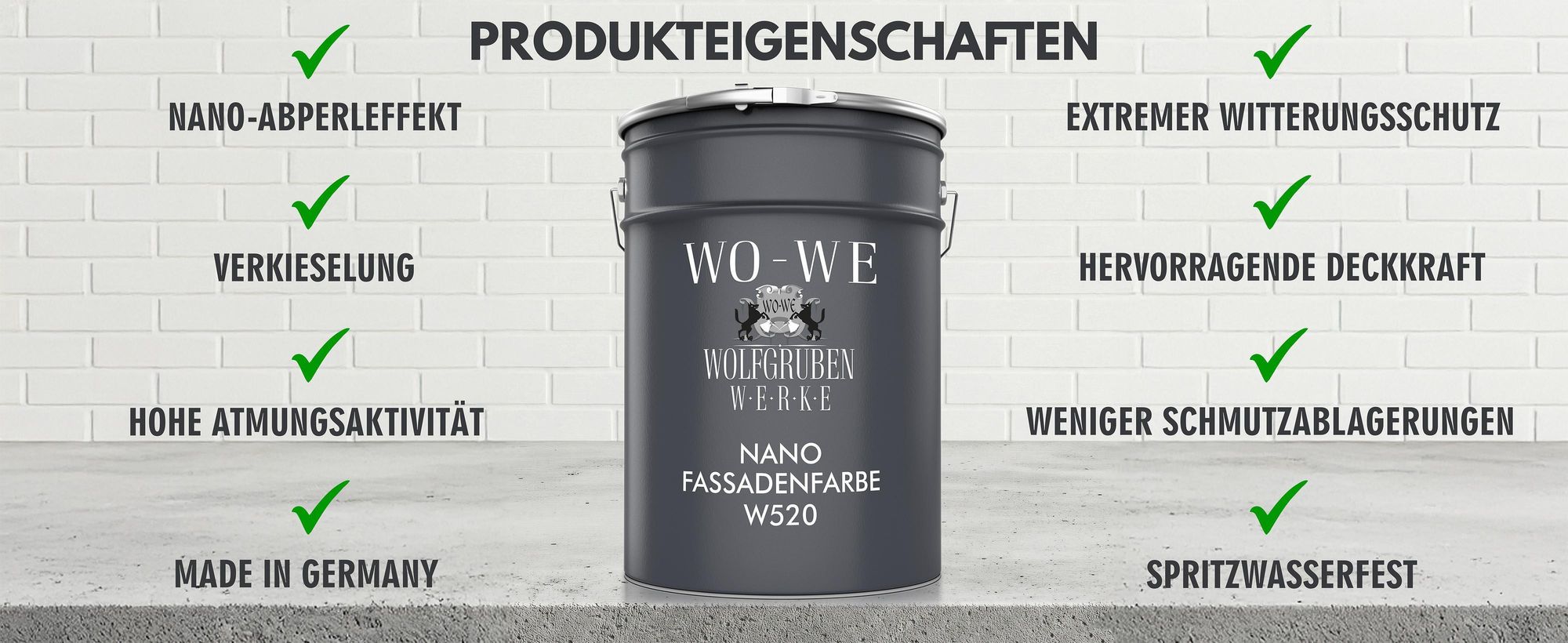WO-WE Nano Fassadenfarbe W520: Abperleffekt, Wetterschutz, hohe Deckkraft, Germany.