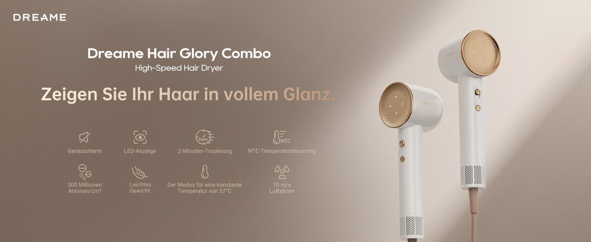 Dreame Hair Glory Combo Haartrockner,Trocknet schnell,110.000U/min Motor,Luftstrom 70m/s,300M Negative Ionen,leise und leicht,Temperaturregelung,Weiß